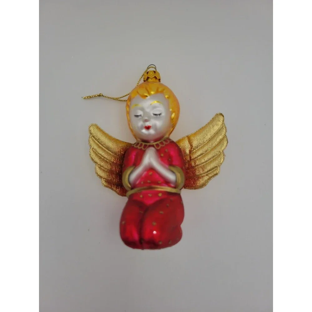Vintage Glass Praying Angel Ornament With Gold Cloth Wings‎
